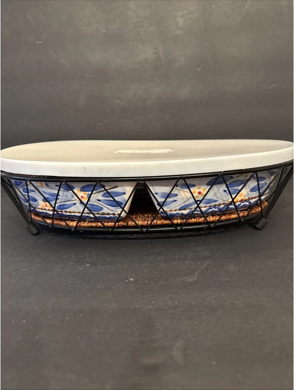 Temptations By Tara Old World Blue 2 Qt Divided Covered Casserole W Metal Stand